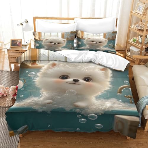 XPASHIQWC Pommern 3D Gedruckte 3-teiliger Komfortbezug Blasenbad Mit Kissenbezügen Versteckter Reißverschluss Für Erwachsene Schlafzimmer Dekoration Double（200x200cm） von XPASHIQWC