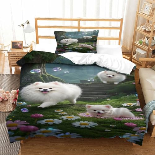 XPASHIQWC Pommern Puppy 3D Gedruckte Mikrofaser Bettbezug Set Waldweg Mit Reißverschluss, Für Schlafzimmer, Schlafsaal Dekor Single（135x200cm） von XPASHIQWC