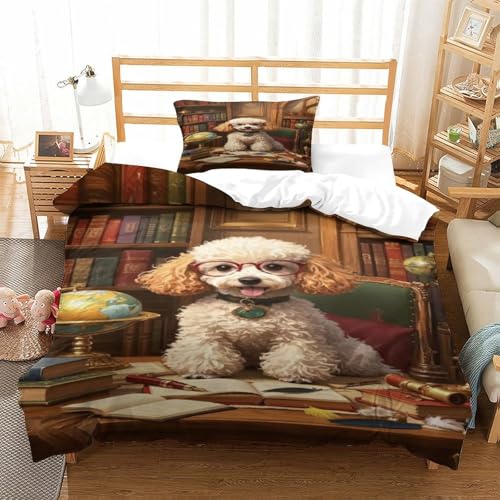 XPASHIQWC Poodle 3-teiliges 3D Druck Bettwäsche Set Bibliotheksstudienzimmer Mikrofaser Mit Reißverschluss, Für Erwachsene Schlafzimmer Dekoration Single（135x200cm） von XPASHIQWC
