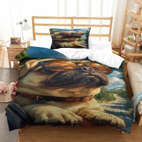 XPASHIQWC Pug 3D Druck Bettwäsche Set Modehund Mit Verstecktem Reißverschluss, Mikrofaser Für Moderne Schlafzimmer Dekoration Single（135x200cm） von XPASHIQWC