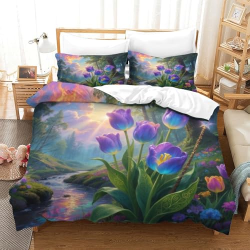 XPASHIQWC Purple Tulips 3-teilige 3D Gedruckte Tröster Abdeckung Forest River Mikrofaser Mit Reißverschluss, Für Moderne Schlafzimmer Dekor King（220x240cm） von XPASHIQWC