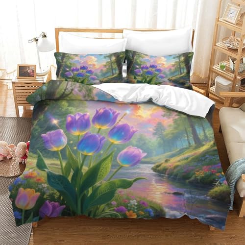 XPASHIQWC Purple Tulips 3-teiliges 3D Druck Bettwäsche Set Forest River Mikrofaser Mit Reißverschluss, Für Erwachsene Schlafzimmer Dekoration Double（200x200cm） von XPASHIQWC