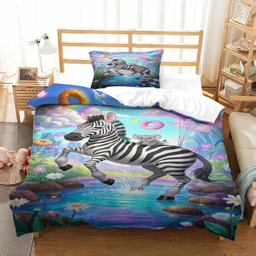 XPASHIQWC Regenbogen Zebra 3D Gedruckte Bettwäsche Set Fantasyland Mit Verstecktem Reißverschluss Und Kissenbezug, Für Kinder, Teens Single（135x200cm） von XPASHIQWC