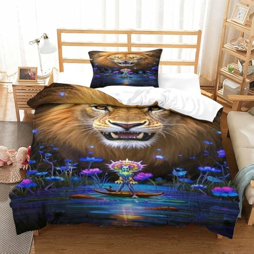 XPASHIQWC Riesiger Löwe 3-teilige 3D Gedruckte Tröstenbezug Fluoreszierende Blumen Mit Kissenbezügen, Versteckter Reißverschluss Für Kinder, Jungen, Mädchen, Schlafzimmer Dekor Single（135x200cm） von XPASHIQWC
