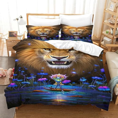 XPASHIQWC Riesiger Löwe 3D-Druck Bettbezug 3-teiliges Bettwäsche Set Fluoreszierende Blumen Versteckter Reißverschluss, Mikrofaser Für Kinder, Teens Double（200x200cm） von XPASHIQWC