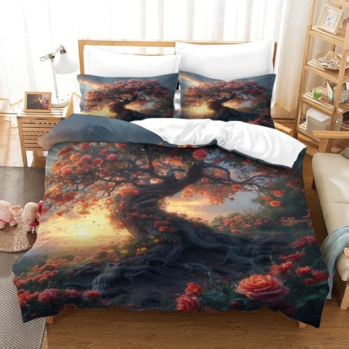 XPASHIQWC Rosenbaum 3D Druck Bettwäsche Set Sunset Hillside Mit Verstecktem Reißverschluss, Mikrofaser Für Moderne Schlafzimmer Dekoration Double（200x200cm） von XPASHIQWC