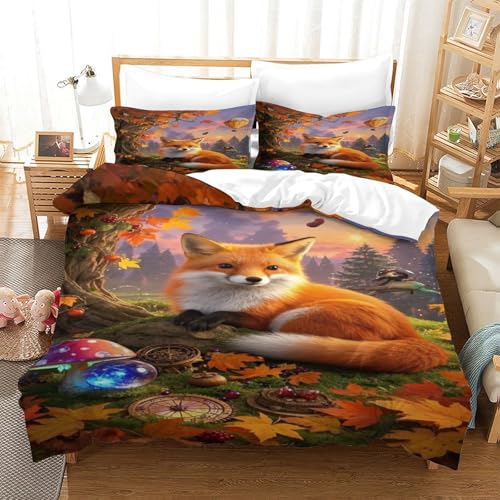 XPASHIQWC Roter Fuchs 3D Gedruckte 3-teiliger Komfortbezug Herbst Wald Mit Kissenbezügen Versteckter Reißverschluss Für Erwachsene Schlafzimmer Dekoration Double（200x200cm） von XPASHIQWC