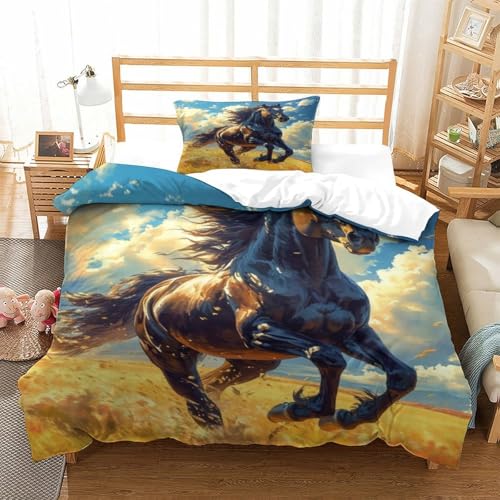 XPASHIQWC Running Pferd 3-teiliges 3D Druck Bettwäsche Set Blue Sky Clouds Mikrofaser Mit Reißverschluss, Für Erwachsene Schlafzimmer Dekoration Single（135x200cm） von XPASHIQWC