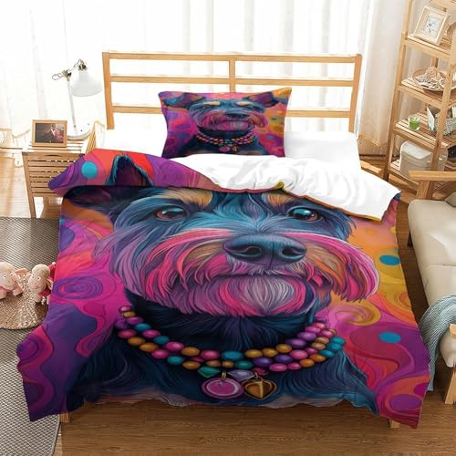 XPASHIQWC Schnauzer 3-teilige 3D Gedruckte Tröstenbezug Pop-Kunst Mit Kissenbezügen, Versteckter Reißverschluss Für Kinder, Jungen, Mädchen, Schlafzimmer Dekor Single（135x200cm） von XPASHIQWC