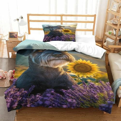 XPASHIQWC Schnauzer 3D Druck Bettwäsche Set Flower Field Mit Verstecktem Reißverschluss, Mikrofaser Für Moderne Schlafzimmer Dekoration Single（135x200cm） von XPASHIQWC