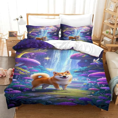 XPASHIQWC Shiba Inu 3D Gedruckte Bettwäsche Set Fluoreszentwald Mit Verstecktem Reißverschluss Und Kissenbezug, Für Kinder, Teens Double（200x200cm） von XPASHIQWC