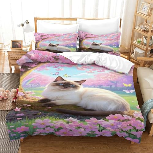 XPASHIQWC Siamische Katze 3D-Druck Bettbezug 3-teiliges Bettwäsche Set Cherry Blossom Versteckter Reißverschluss, Mikrofaser Für Kinder, Teens Double（200x200cm） von XPASHIQWC