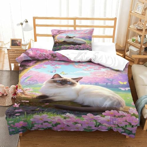 XPASHIQWC Siamische Katze 3D Gedruckte 3-teiliger Komfortbezug Cherry Blossom Mit Kissenbezügen Versteckter Reißverschluss Für Erwachsene Schlafzimmer Dekoration Single（135x200cm） von XPASHIQWC