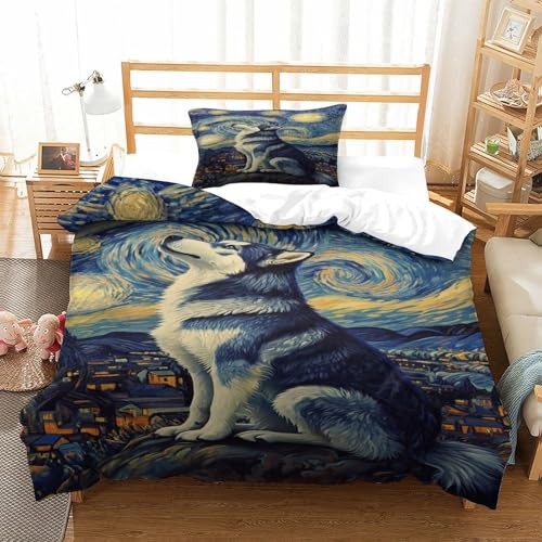 XPASHIQWC Sibirischer Husky 3D Druck Bettwäsche Set Sternennacht Mit Verstecktem Reißverschluss, Mikrofaser Für Moderne Schlafzimmer Dekoration Single（135x200cm） von XPASHIQWC