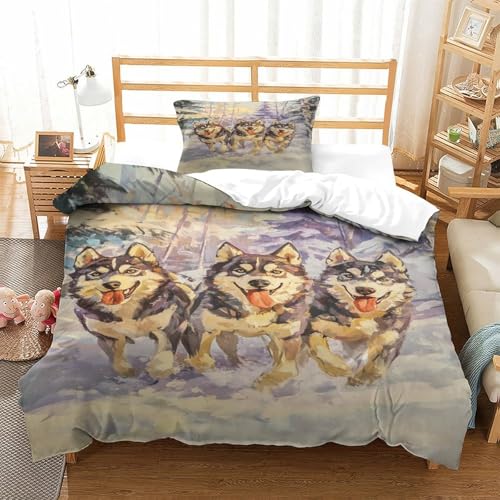XPASHIQWC Sibirischer Husky 3D Gedruckte Bettwäsche Set Forest Snowfield Mit Verstecktem Reißverschluss Und Kissenbezug, Für Kinder, Teens Single（135x200cm） von XPASHIQWC
