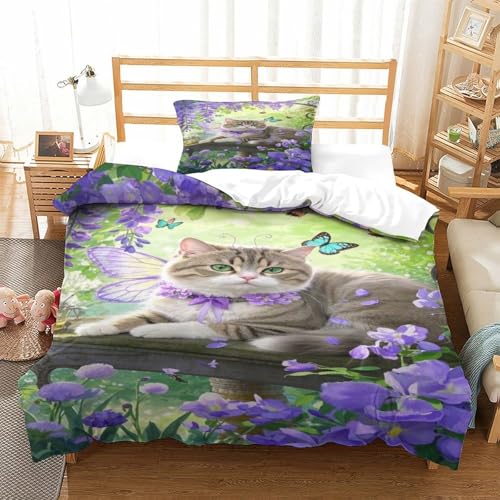 XPASHIQWC Tabby Katze 3D-Druck Bettbezug 3-teiliges Bettwäsche Set Lila Wisteria Schmetterling Versteckter Reißverschluss, Mikrofaser Für Kinder, Teens Single（135x200cm） von XPASHIQWC