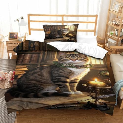 XPASHIQWC Tabby Katze 3D-Druck Bettbezug 3-teiliges Bettwäsche Set Retro Studienzimmer Versteckter Reißverschluss, Mikrofaser Für Kinder, Teens Single（135x200cm） von XPASHIQWC