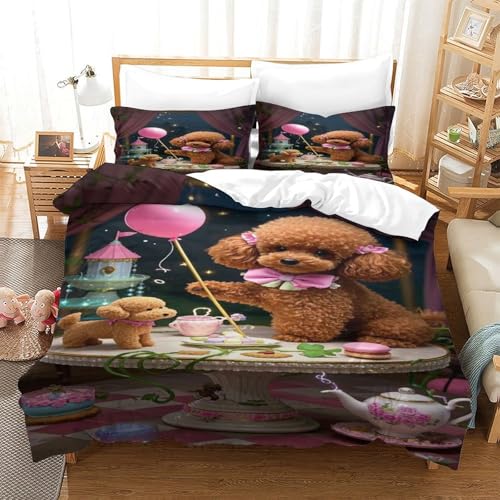 XPASHIQWC Teetasse Pudel 3D Gedruckte Mikrofaser Bettbezug Set Rosa Tee Party Mit Reißverschluss, Für Schlafzimmer, Schlafsaal Dekor Double（200x200cm） von XPASHIQWC