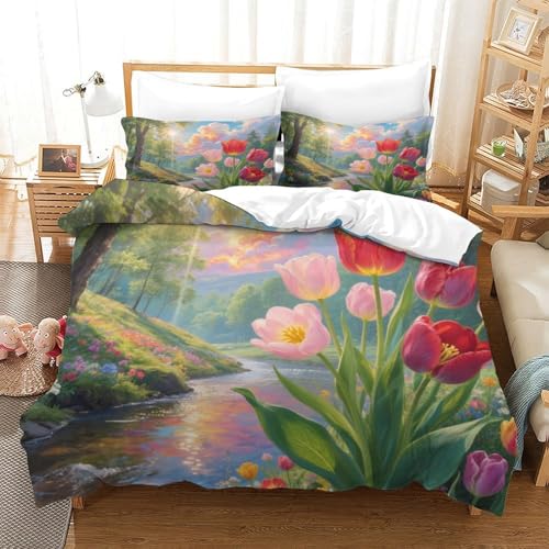XPASHIQWC Tulip 3-teilige 3D Gedruckte Tröster Abdeckung Forest River Mikrofaser Mit Reißverschluss, Für Moderne Schlafzimmer Dekor Double（200x200cm） von XPASHIQWC