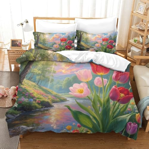 XPASHIQWC Tulip 3D Druck Bettwäsche Set Forest River Mit Verstecktem Reißverschluss, Mikrofaser Für Moderne Schlafzimmer Dekoration Super King（260x220cm） von XPASHIQWC