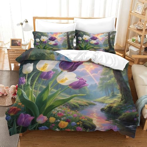 XPASHIQWC Tulips 3-teilige 3D Gedruckte Tröster Abdeckung Forest River Mikrofaser Mit Reißverschluss, Für Moderne Schlafzimmer Dekor Super King（260x220cm） von XPASHIQWC