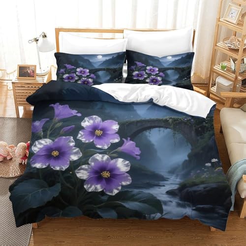 XPASHIQWC Violet 3-teiliges 3D Druck Bettwäsche Set Moonlight Stone Bridge Mikrofaser Mit Reißverschluss, Für Erwachsene Schlafzimmer Dekoration Double（200x200cm） von XPASHIQWC