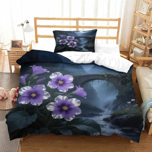 XPASHIQWC Violet 3-teiliges 3D Druck Bettwäsche Set Moonlight Stone Bridge Mikrofaser Mit Reißverschluss, Für Erwachsene Schlafzimmer Dekoration Single（135x200cm） von XPASHIQWC