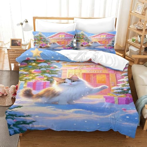 XPASHIQWC Weihnachtskatze 3D Gedruckte 3-teiliger Komfortbezug Snowhouse Mit Kissenbezügen Versteckter Reißverschluss Für Erwachsene Schlafzimmer Dekoration Double（200x200cm） von XPASHIQWC
