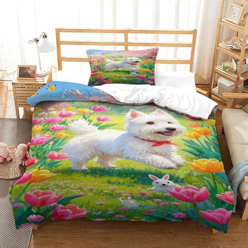 XPASHIQWC West Highland Weißer Terrier 3-teiliges 3D Gedrucktes Microfaser Bettbezug Set Tulpen Blumen Meer Mit Kissenbezügen, Für Schlafzimmer, Schlafsaal Dekor Single（135x200cm） von XPASHIQWC