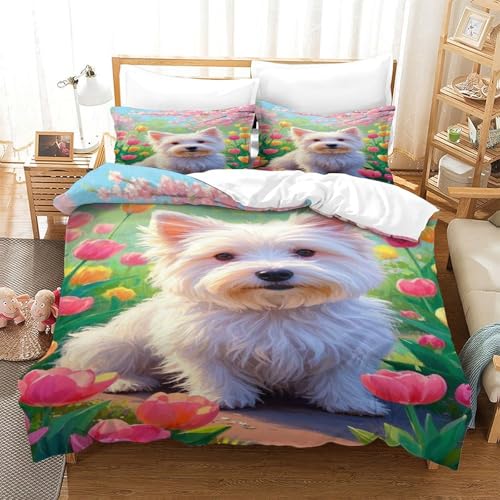 XPASHIQWC West Highland Weißer Terrier 3D Druck Bettwäsche Set Tulpen Blumen Meer Mit Verstecktem Reißverschluss, Mikrofaser Für Moderne Schlafzimmer Dekoration Double（200x200cm） von XPASHIQWC