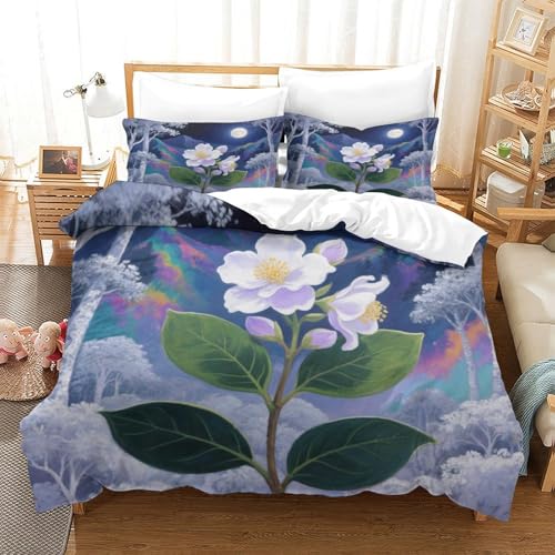 XPASHIQWC White Camellia 3D Druck Bettwäsche Set Moonlight Forest Mit Verstecktem Reißverschluss, Mikrofaser Für Moderne Schlafzimmer Dekoration Super King（260x220cm） von XPASHIQWC