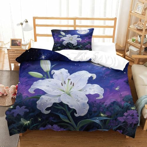 XPASHIQWC White Lily 3D Gedruckte Mikrofaser Bettbezug Set Moon Night Sky Mit Verstecktem Reißverschluss, Für Teens, Schlafzimmer Single（135x200cm） von XPASHIQWC