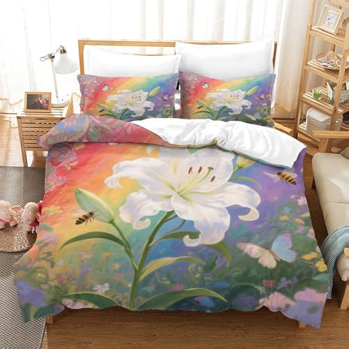 XPASHIQWC White Lily 3D Gedruckte Mikrofaser Bettbezug Set Rainbow Bees Mit Verstecktem Reißverschluss, Für Teens, Schlafzimmer King（220x240cm） von XPASHIQWC