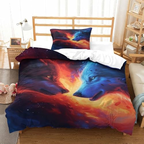 XPASHIQWC Wölfe 3D Druck Bettwäsche Set Fantasy Flamme Mit Verstecktem Reißverschluss, Mikrofaser Für Moderne Schlafzimmer Dekoration Single（135x200cm） von XPASHIQWC