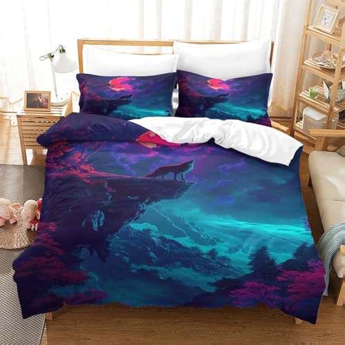 XPASHIQWC Wolf 3D Druck Bettwäsche Set Blutmond Cliff Mit Verstecktem Reißverschluss, Mikrofaser Für Moderne Schlafzimmer Dekoration King（220x240cm） von XPASHIQWC
