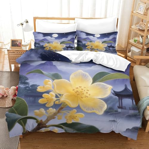 XPASHIQWC Yellow Osmanthus 3-teilige 3D Gedruckte Tröster Abdeckung Full Moon Pavilion Mikrofaser Mit Reißverschluss, Für Moderne Schlafzimmer Dekor Single（140x200cm） von XPASHIQWC