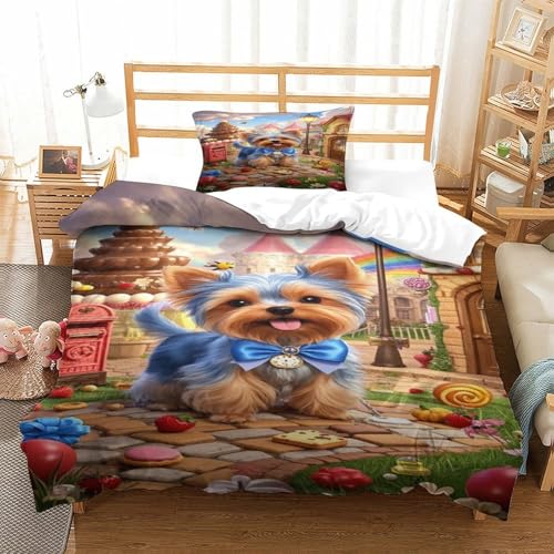 XPASHIQWC Yorkshire Terrier 3D Druck Bettwäsche Set Candy Stadt Mit Verstecktem Reißverschluss, Mikrofaser Für Moderne Schlafzimmer Dekoration Single（135x200cm） von XPASHIQWC