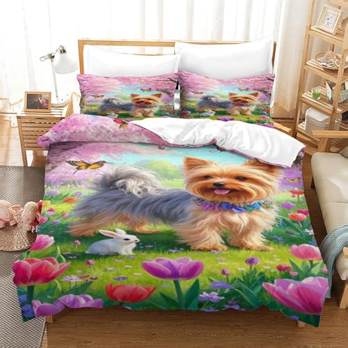 XPASHIQWC Yorkshire Terrier 3D Gedruckte Mikrofaser Bettbezug Set Tulpen Felder Mit Verstecktem Reißverschluss, Für Teens, Schlafzimmer Double（200x200cm） von XPASHIQWC
