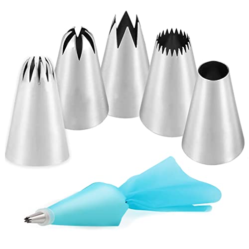 XPEX 6er-Pack Spritztüllen-Set Kuchendekorationswerkzeuge 5 Spritztüllen und 1 Blauer Silikon-Spritzbeutel, wiederverwendbarer Silikon-Spritzbeutel zum Dekorieren von Kuchen, Keksen XPEX 6er-Pack Spritztüllen-Set Kuchendekorationswerkzeuge 5 Spritztüllen und 1 Blauer Silikon-Spritzbeutel, wiederverwendbarer Silikon-Spritzbeutel zum Dekorieren von Kuchen, Keksen von XPEX