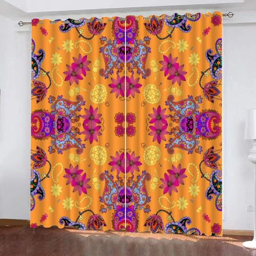 XPINGO 3D Boho Gardinen mit ösen 2er Set B 110 X H 95 cm Böhmen Blumen Vorhang Blickdicht Kälteschutz Schallschutz Verdunkelung Wärmeisolierende Vorhänge für Wohnzimmer Schlafzimmer von XPINGO