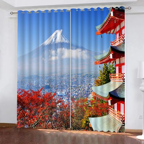 XPINGO 3D Japanischer Stil Gardinen ösenschal 2er Set B 220 X H 215 cm Berg Vorhang Blickdicht Kälteschutz Schallschutz Verdunkelung Wärmeisolierende Vorhänge für Wohnzimmer Schlafzimmer（Stil 11-9） von XPINGO