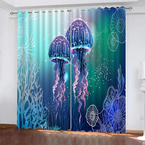 XPINGO 3D Qualle Vorhänge mit ösen 2er Set B 150 X H 166 cm Ozean Gardinen Blickdicht Kälteschutz Schallschutz Verdunkelung Wärmeisolierende Vorhang für Wohnzimmer Schlafzimmer（Stil 8-9） von XPINGO