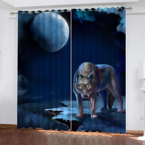 XPINGO 3D Wolf Gardinen mit ösen 2er Set B 200 X H 200 cm Mond Wolf Vorhang Blickdicht Kälteschutz Schallschutz Verdunkelung Wärmeisolierende Vorhänge für Wohnzimmer Schlafzimmer von XPINGO