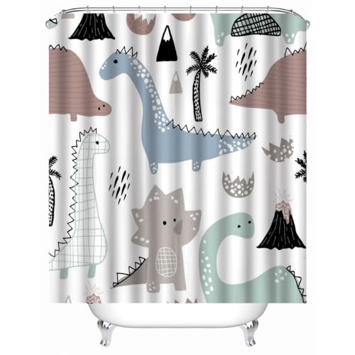 XPINGO Dino Duschvorhang 240x200 cm Anti-Schimmel Anti-Bakteriell Shower Curtains 3D Süßer Dinosaurier Duschvorhänge Waschbar Wasserdicht Polyester Textil Badvorhang mit 12 Haken für Badezimmer von XPINGO