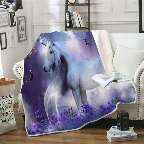 XPINGO Einhorn Kuscheldecke Sherpa Decke 150x200 cm Mikrofaser Super Weich und Warme Winter Blanket 3D Wald Einhorn Wohndecke Kinder Fleecedecke Flauschige Sofadecke für Sofaüberwurf Tagesdecke von XPINGO