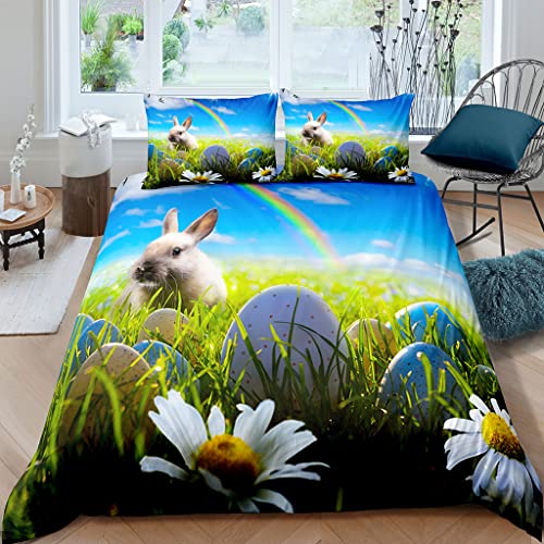 XPINGO Erwachsene Bettwäsche Ostern 220x240 cm 3teilig 100% Mikrofaser Sommer Weiche Winter Warm Bettbezüge mit Reißverschluss 3D Blumen Hase Bettbezug mit 2 Kissenbezüge 80x80 cm von XPINGO