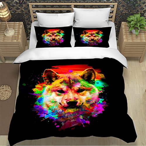 XPINGO Erwachsene Bettwäsche Shiba Inu 220x240 cm 3teilig 100% Mikrofaser Sommer Weiche Winter Warm Bettbezüge mit Reißverschluss 3D Hund Gekritzel Bettbezug mit 2 Kissenbezüge 80x80 von XPINGO