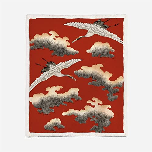 XPINGO Japan Stil Kuscheldecke Sherpa Decke 150x200 cm Mikrofaser Weich Warme Winter Blanket 3D Retro Kran Wohndecke Kinder Fleecedecke Flauschige Sofadecke für Sofaüberwurf Tagesdecke von XPINGO