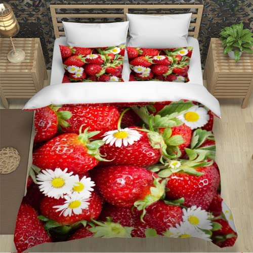 XPINGO Kinder Bettwäsche Blumen 135x200 cm 4teilig Jungen und Mädchen 100% Mikrofaser Sommer Weiche Winter Warm Bettbezüge 3D Erdbeeren Blumen Bettbezug mit 2 Kissenbezüge 80x80 cm von XPINGO