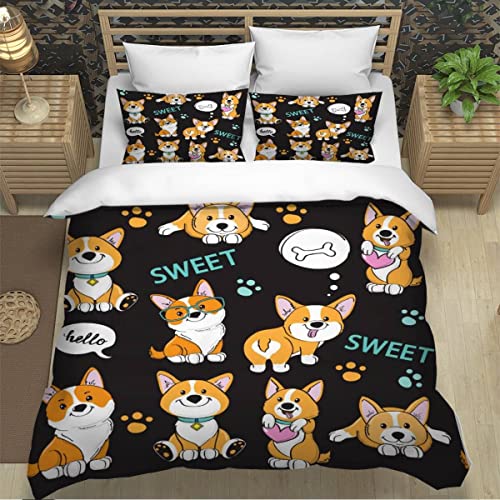 XPINGO Kinder Bettwäsche Corgi 135x200 cm 2teilig Jungen und Mädchen 100% Mikrofaser Sommer Weiche Winter Warm Bettbezüge 3D Kawaii-Hund Bettbezug mit Kissenbezüge 80x80 cm von XPINGO